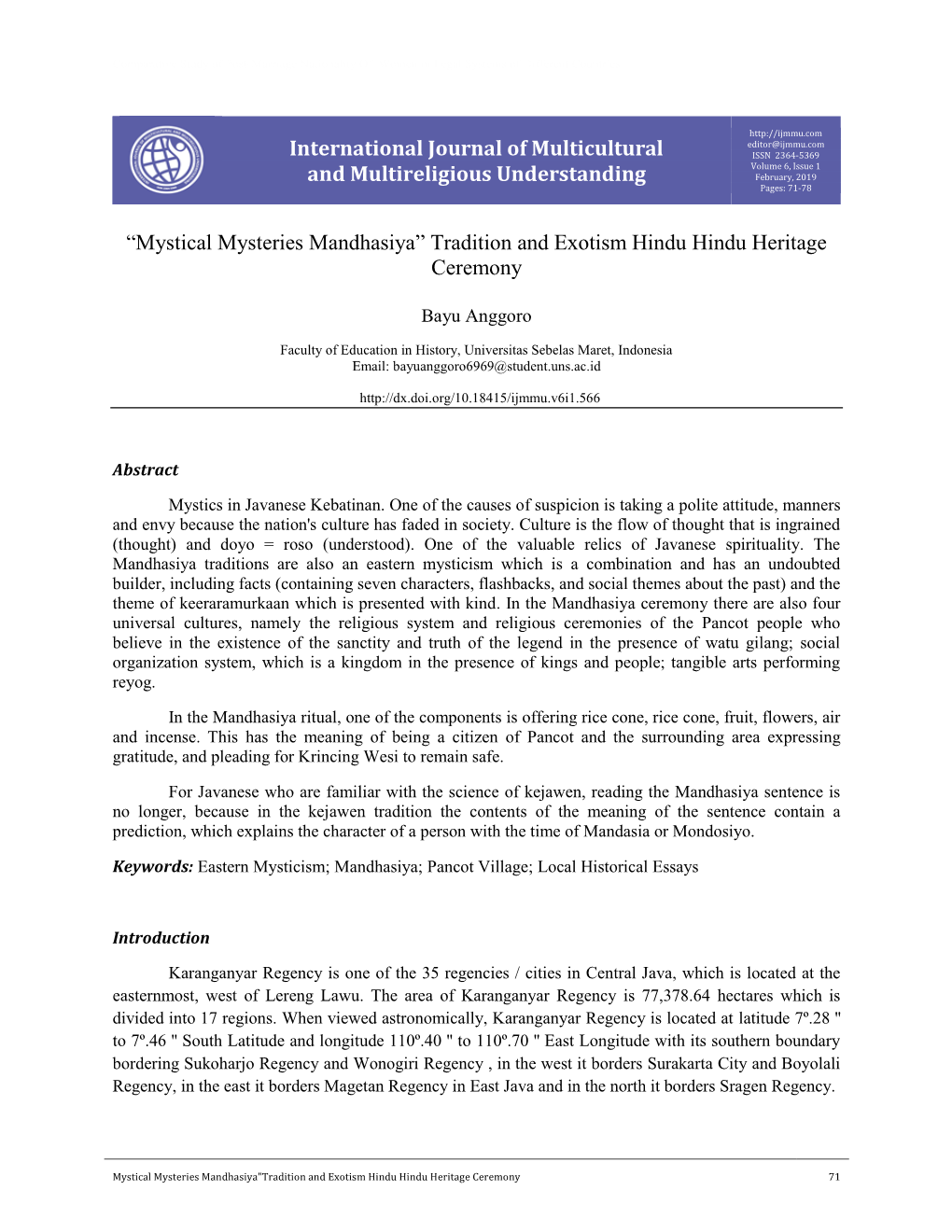 International Journal of Multicultural and Multireligious Understanding “Mystical Mysteries Mandhasiya” Tradition and Exotis