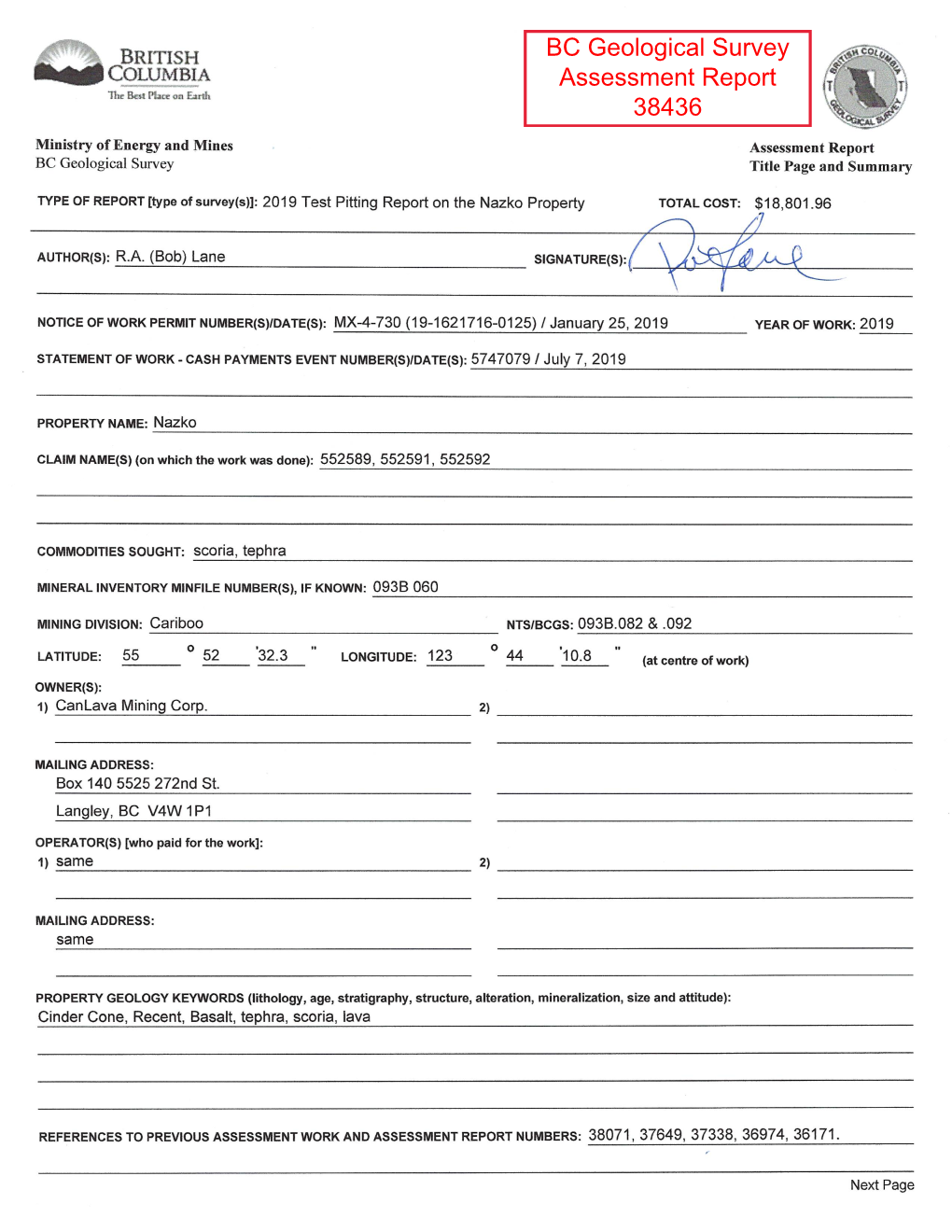 BC Geological Survey Assessment Report 38436