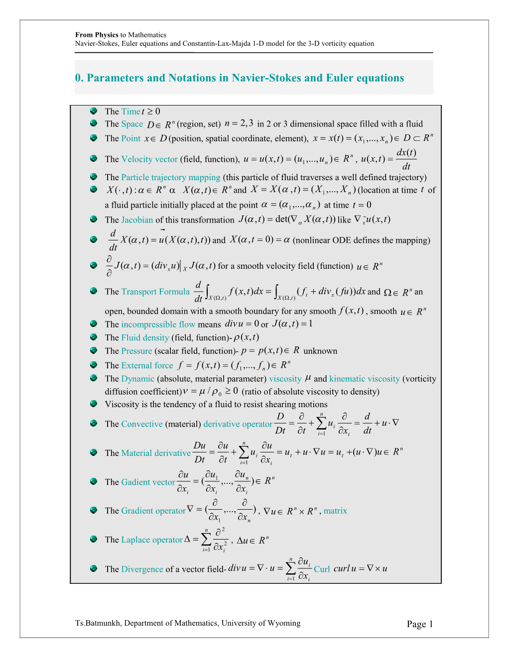 0. Parameters and Notations in Navier-Stokes and Euler Equations