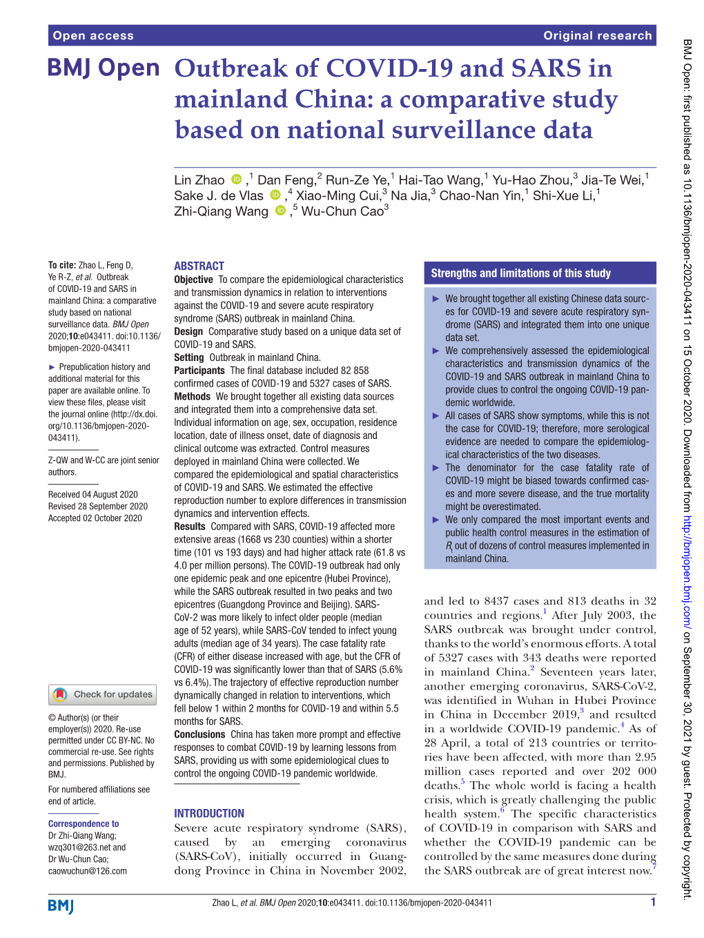 Outbreak of COVID-19 and SARS in Mainland China: a Comparative Study Based on National Surveillance Data