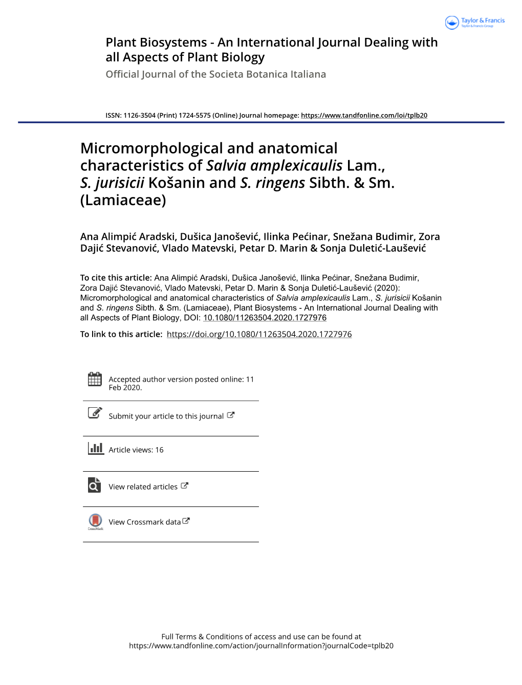 Micromorphological and Anatomical Characteristics of Salvia Amplexicaulis Lam., S