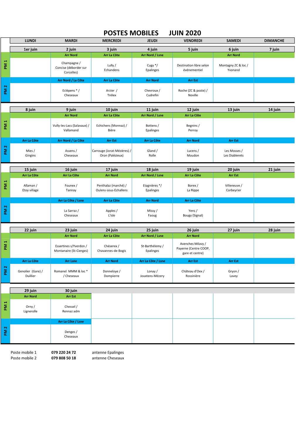 Plannings Postes Mobiles 2020