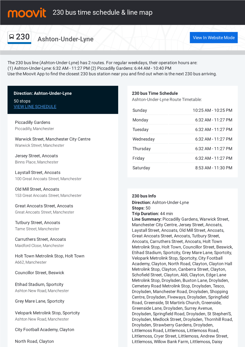 230 Bus Time Schedule & Line Route
