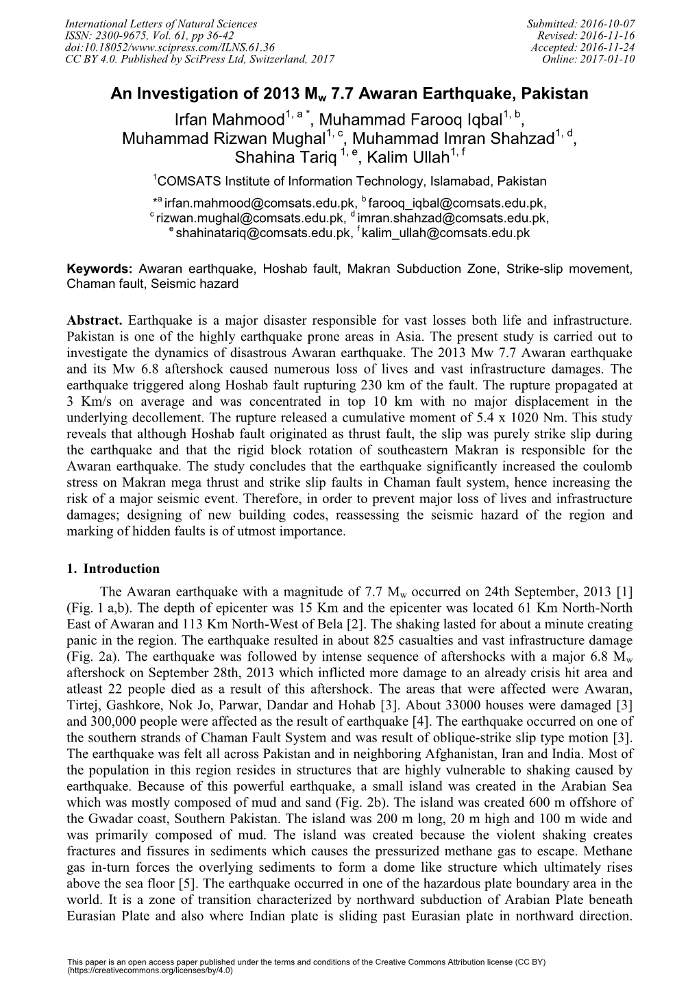 An Investigation of 2013 Mw 7.7 Awaran Earthquake