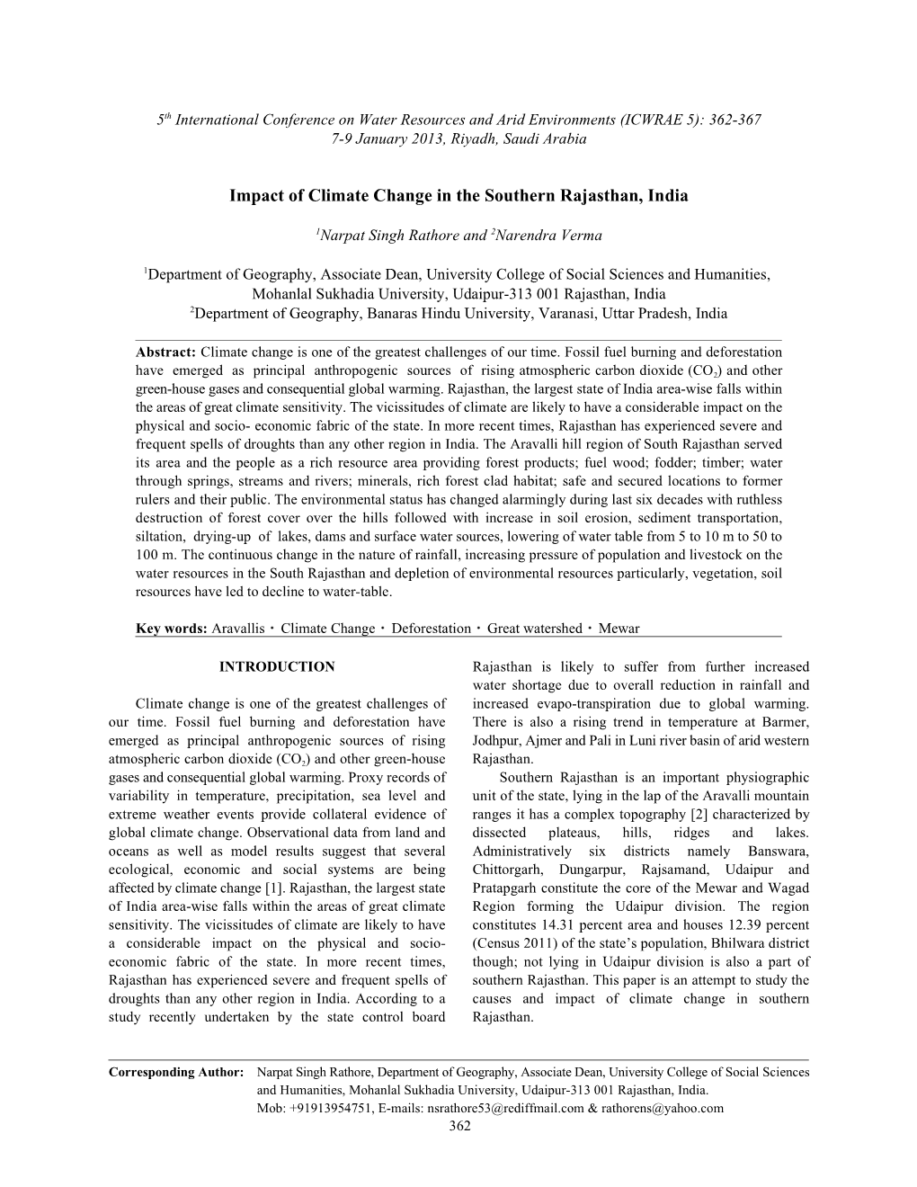 Impact of Climate Change in the Southern Rajasthan, India