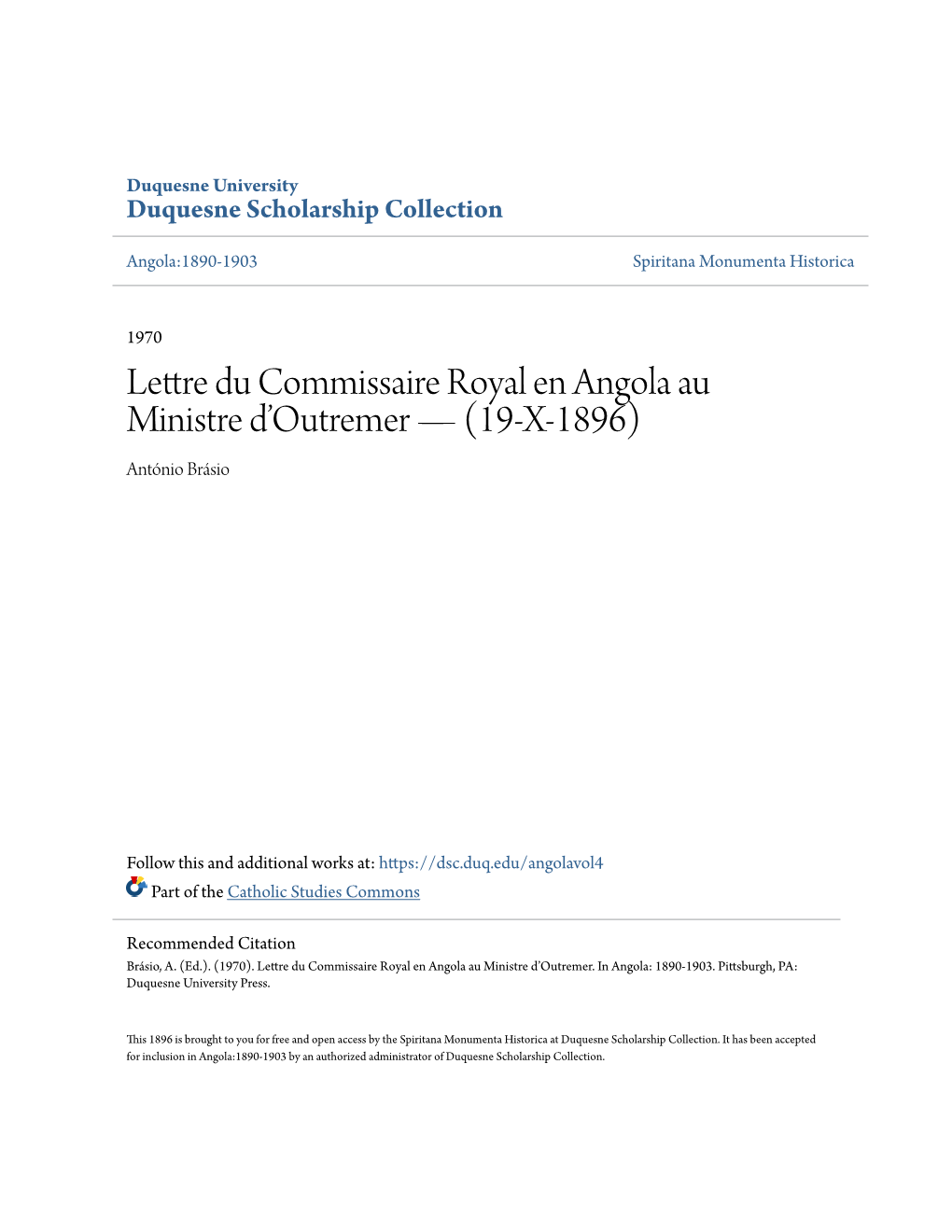 Lettre Du Commissaire Royal En Angola Au Ministre Dâ•Žoutremer Â•Fl