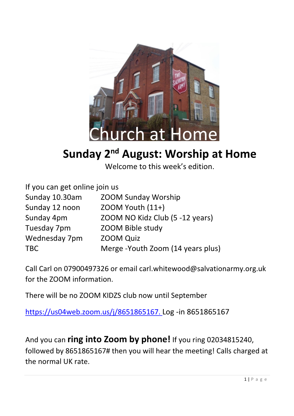 Church at Home Sunday 2Nd August: Worship at Home Welcome to This Week’S Edition