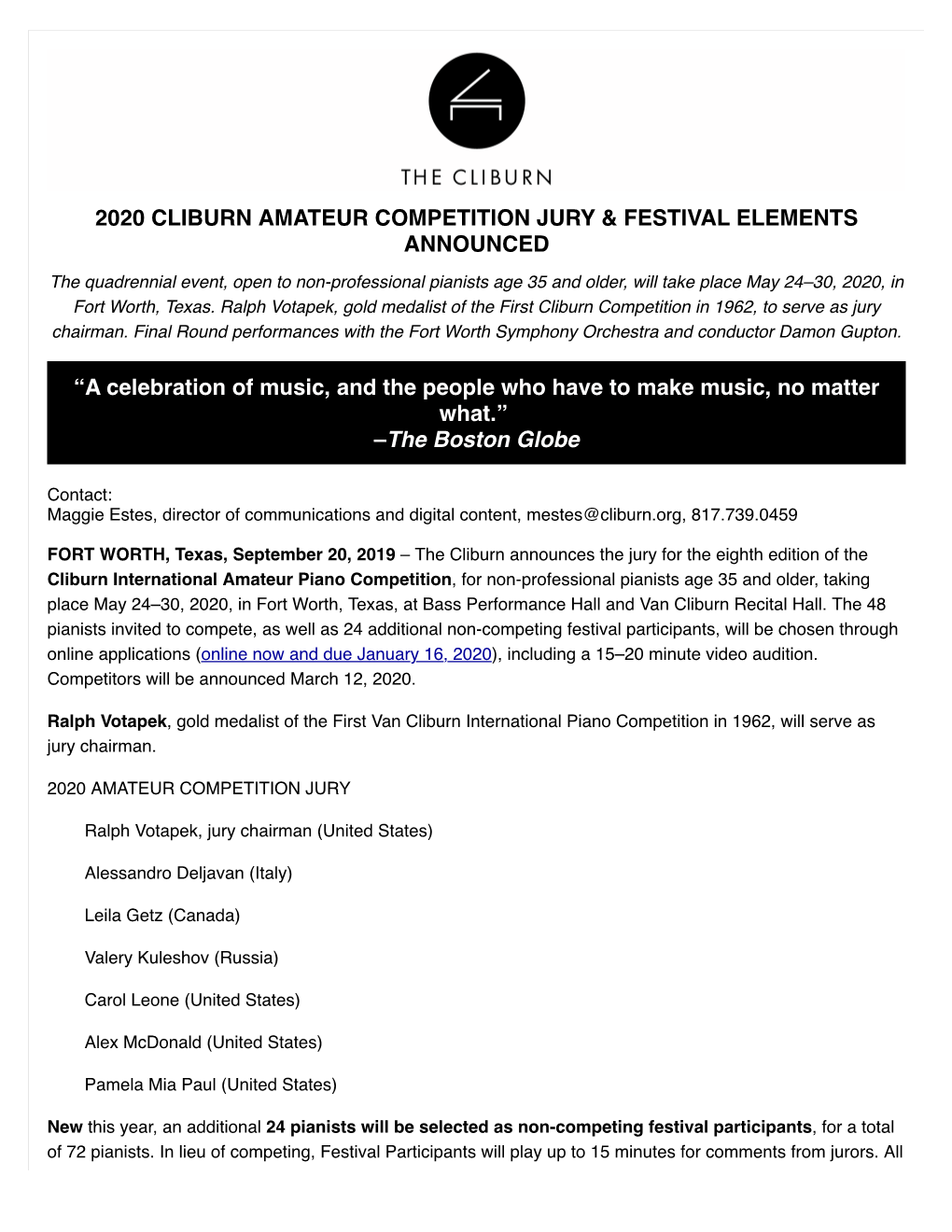 Cliburn Announces 2020 Amateur Competition Jury