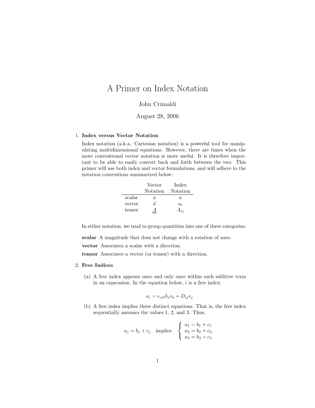 A Primer on Index Notation