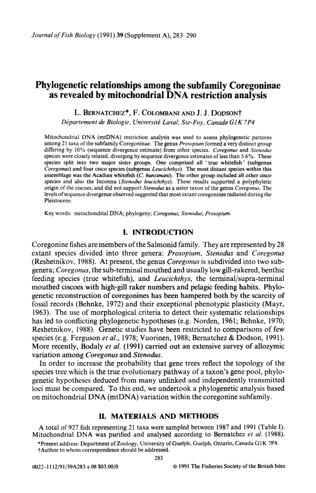 Phylogenetic Relationships Among the Subfamily Coregoninae As Revealed by Mitochondrial DNA Restriction Analysis