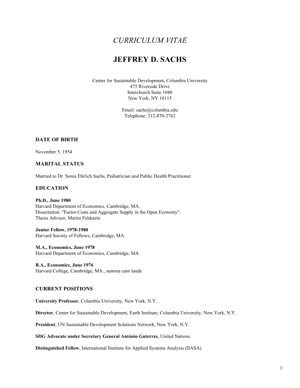 Curriculum Vitae Jeffrey D. Sachs