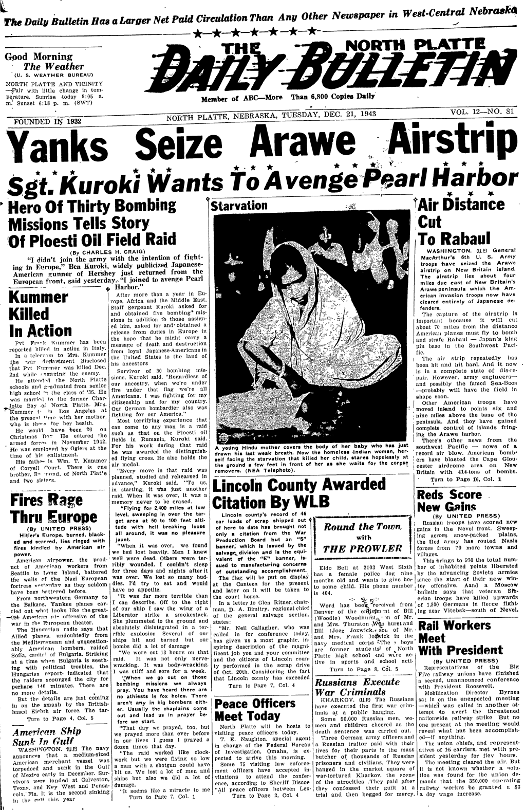 Yanks Seize Arawe ★ ★ ★ Sg T Kuroki Wants Hero of Thirty Bombing Starvation Air Distance Missions Tells Story Cut of Ploesti Oil Field Raid to Rabaul (By CHARLES H