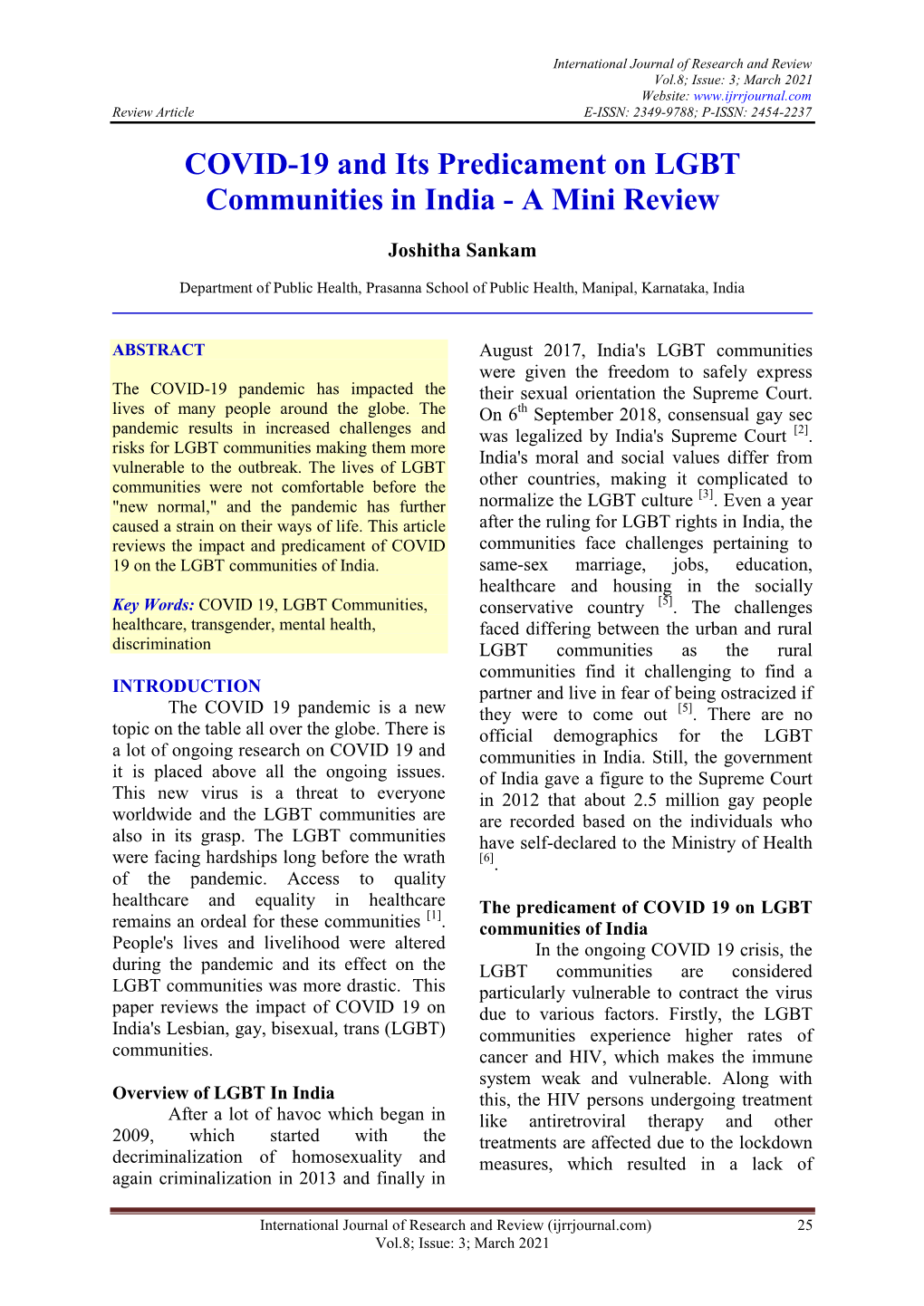 COVID-19 and Its Predicament on LGBT Communities in India - a Mini Review
