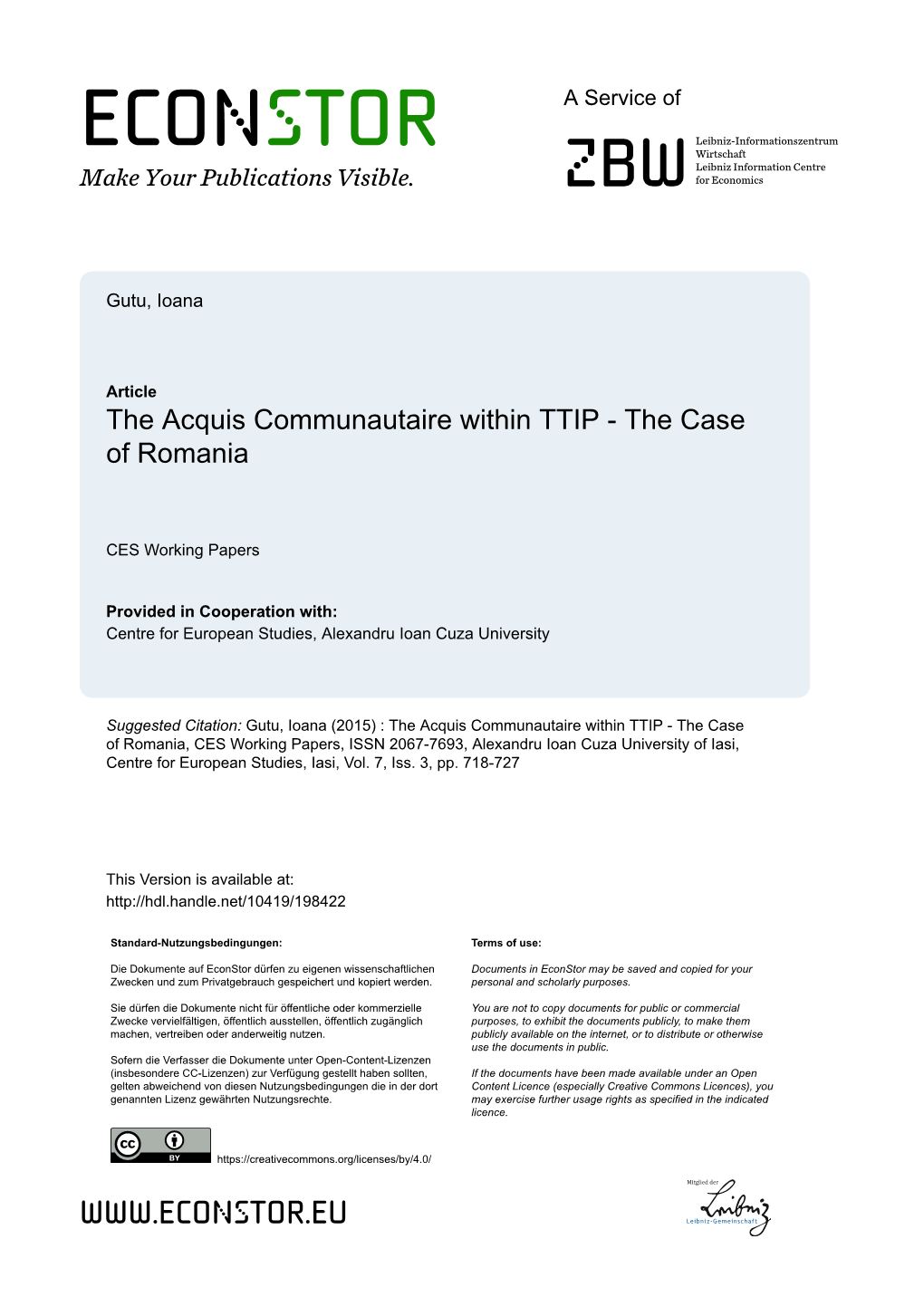 The Acquis Communautaire Within TTIP - the Case of Romania