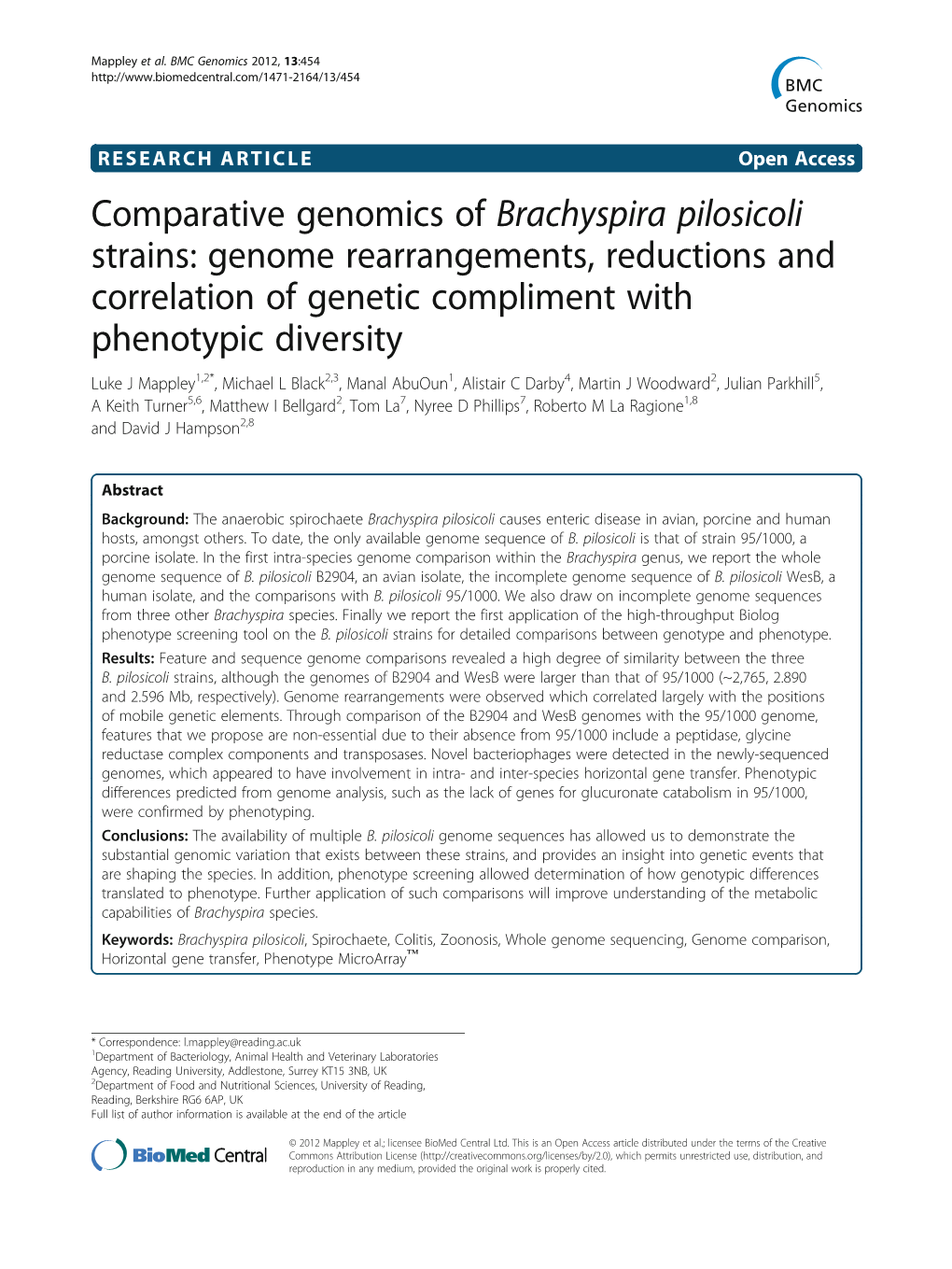 Comparative Genomics of Brachyspira Pilosicoli Strains: Genome