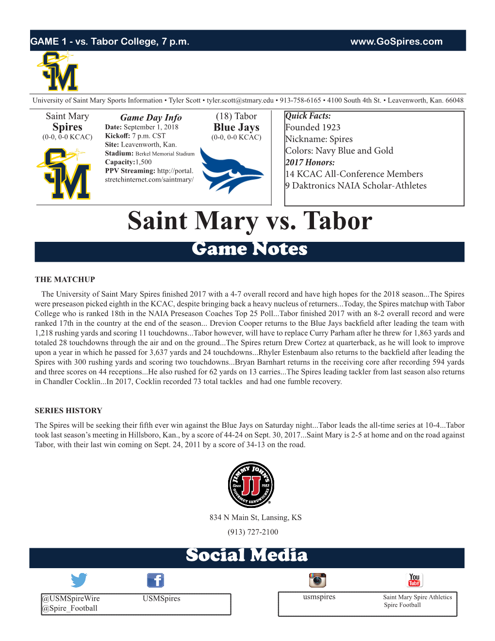 Saint Mary Vs. Tabor Game Notes