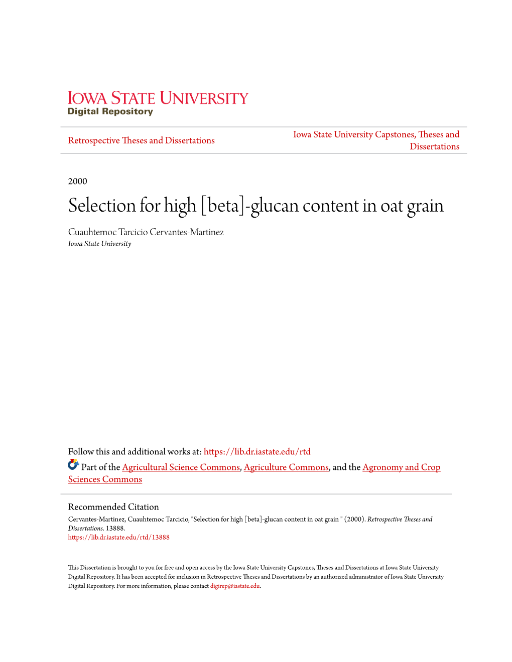 [Beta]-Glucan Content in Oat Grain Cuauhtemoc Tarcicio Cervantes-Martinez Iowa State University