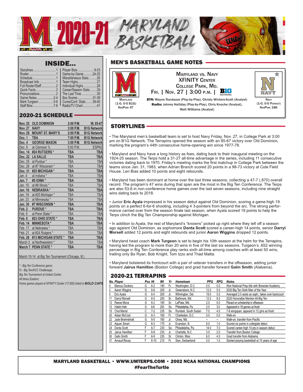 INSIDE... MEN’S BASKETBALL GAME NOTES Storylines