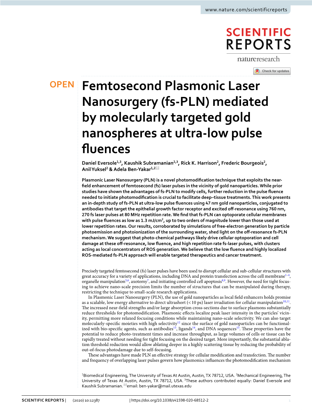 Femtosecond Plasmonic Laser Nanosurgery (Fs-PLN) Mediated by Molecularly Targeted Gold Nanospheres at Ultra-Low Pulse Fluences