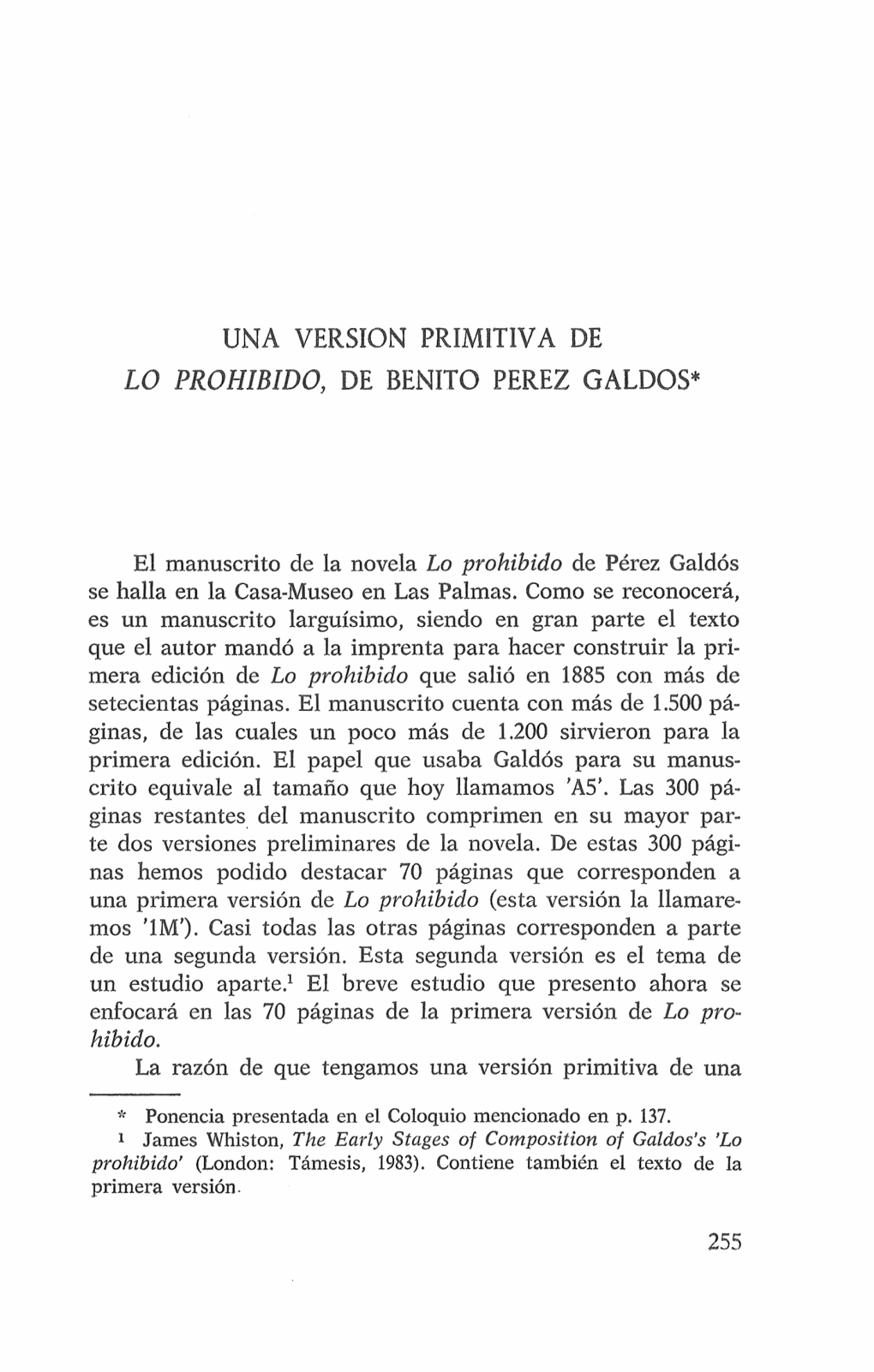 Una Versión Primitiva De "Lo Prohibido" De Benito Pérez Galdós