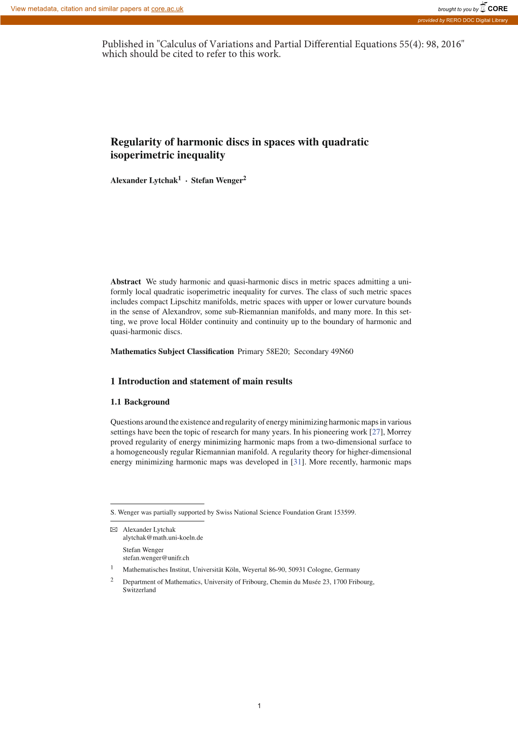 Regularity of Harmonic Discs in Spaces with Quadratic Isoperimetric Inequality