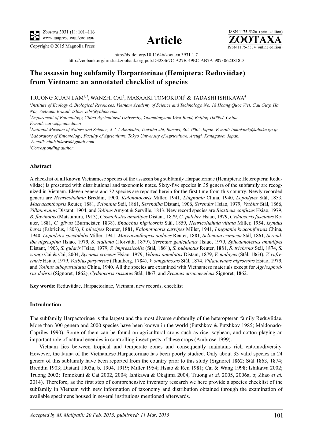 The Assassin Bug Subfamily Harpactorinae (Hemiptera: Reduviidae) from Vietnam: an Annotated Checklist of Species