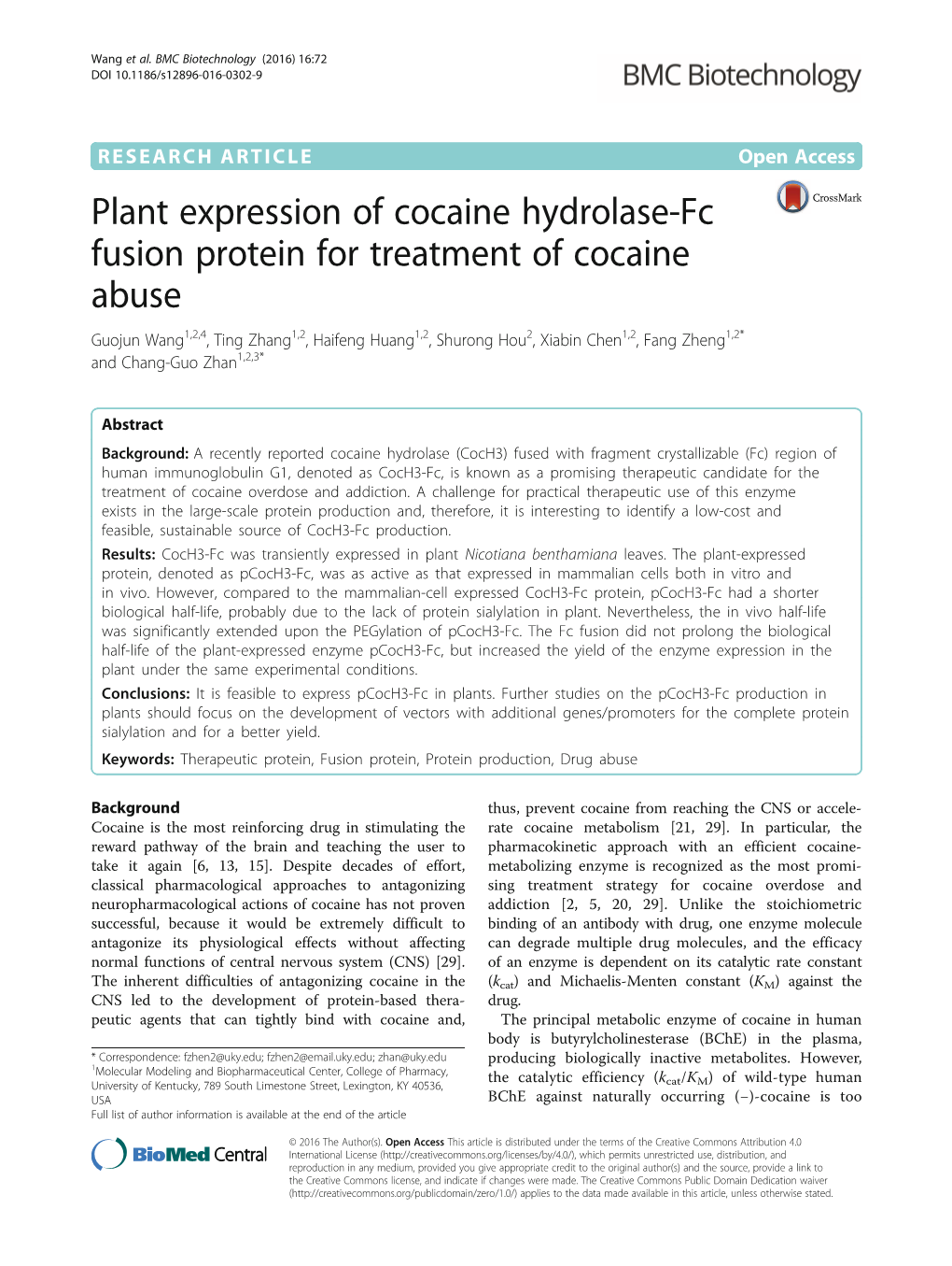 Plant Expression of Cocaine Hydrolase-Fc Fusion Protein for Treatment Of