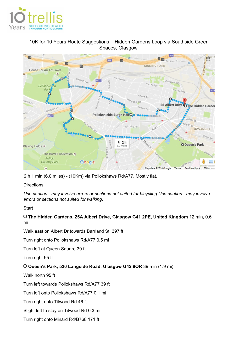 10K for 10 Years Route Suggestions Hidden Gardens Loop Via Southside Green Spaces, Glasgow