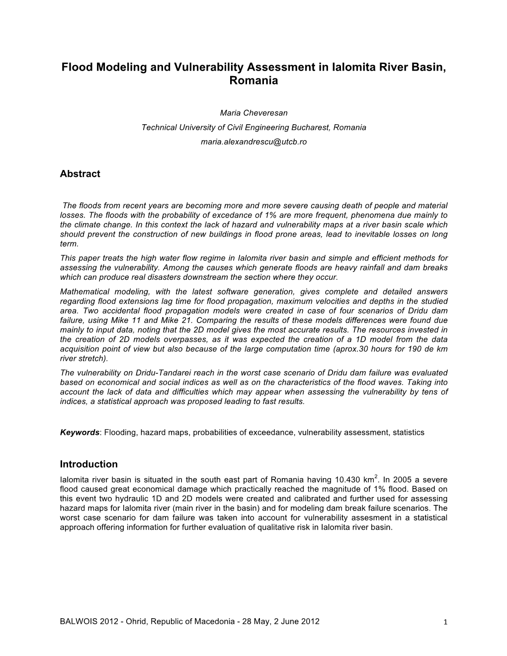 Flood Modeling and Vulnerability Assessment in Ialomita River Basin, Romania