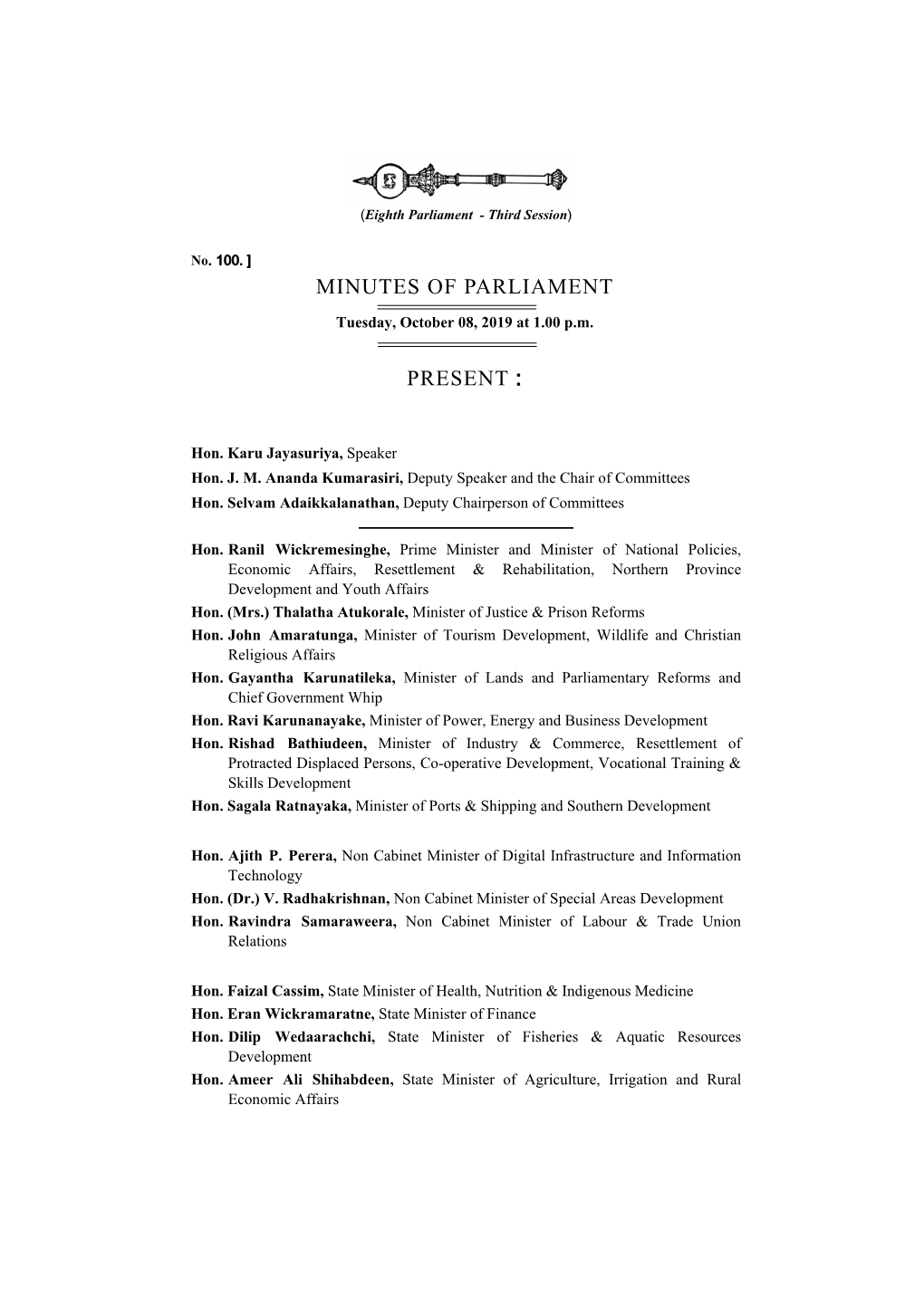 Minutes of Parliament Present