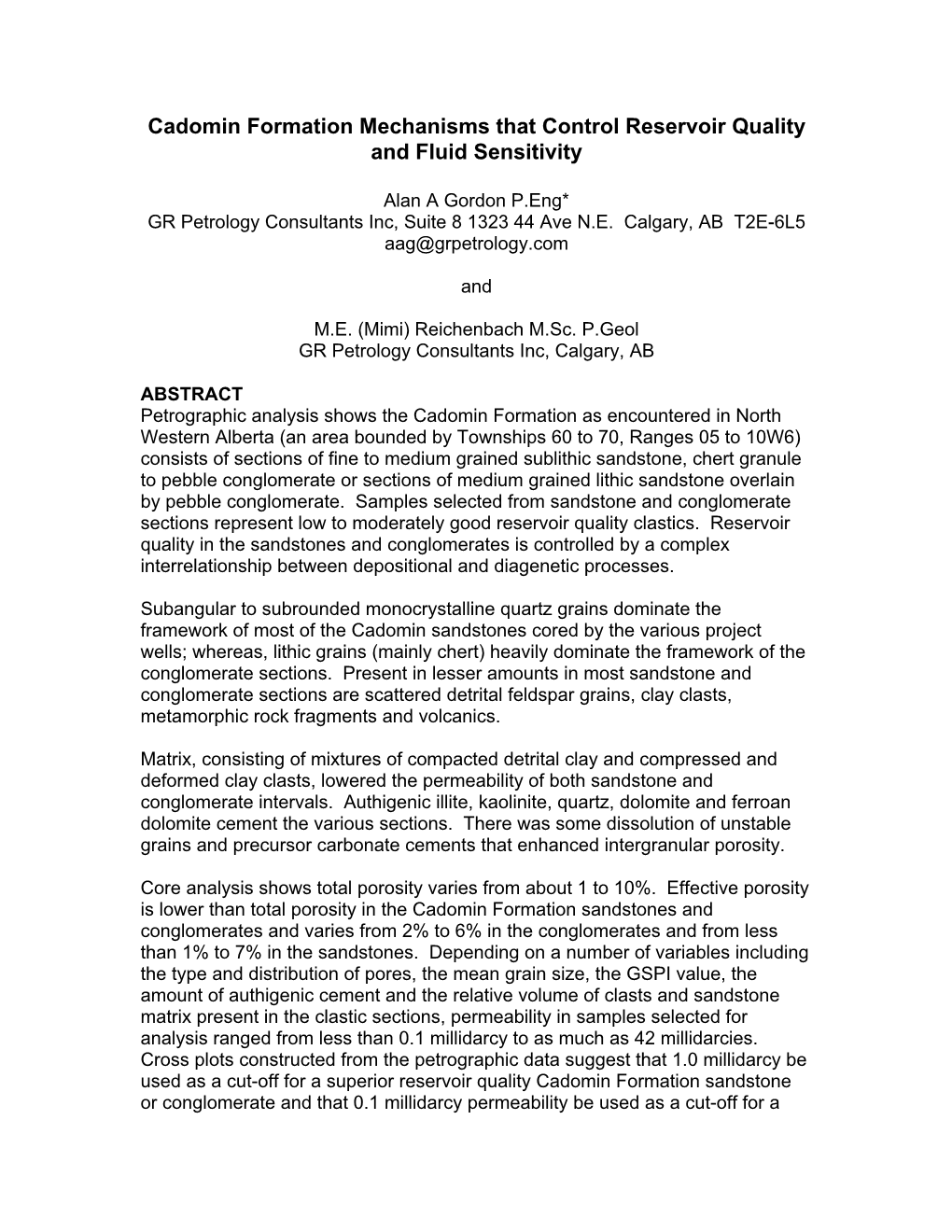 Cadomin Formation Mechanisms That Control Reservoir Quality and Fluid Sensitivity