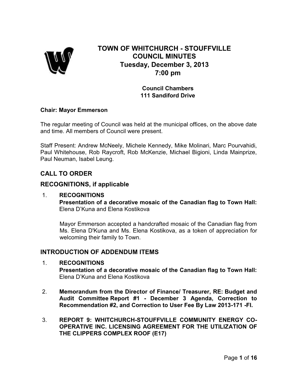 TOWN of WHITCHURCH - STOUFFVILLE COUNCIL MINUTES Tuesday, December 3, 2013 7:00 Pm