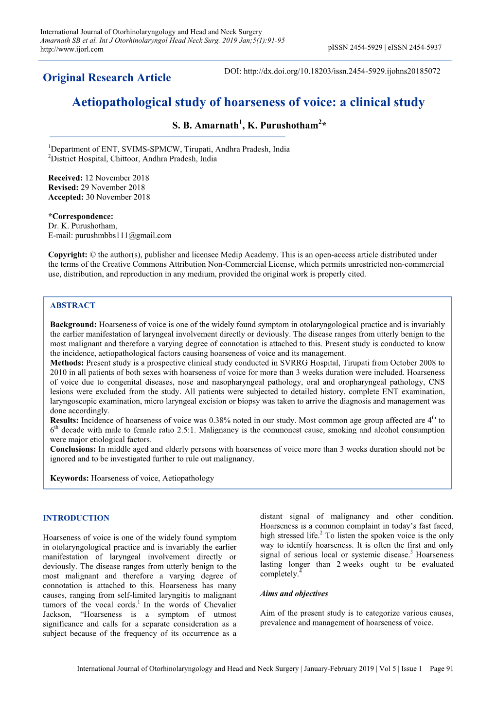 Aetiopathological Study of Hoarseness of Voice: a Clinical Study