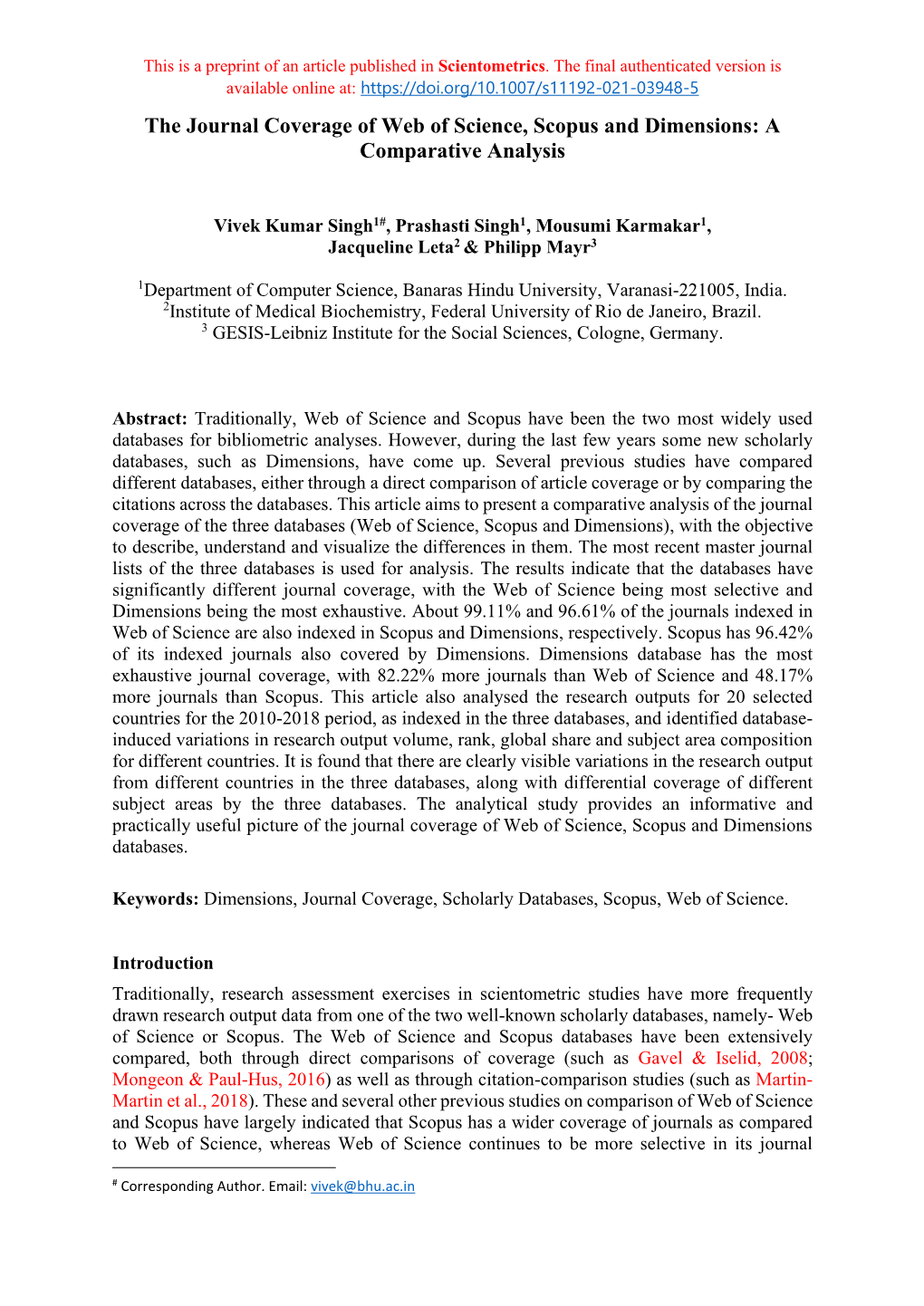 The Journal Coverage of Web of Science, Scopus and Dimensions: a Comparative Analysis