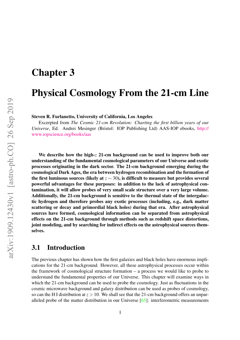 Chapter 3 Physical Cosmology from the 21-Cm Line