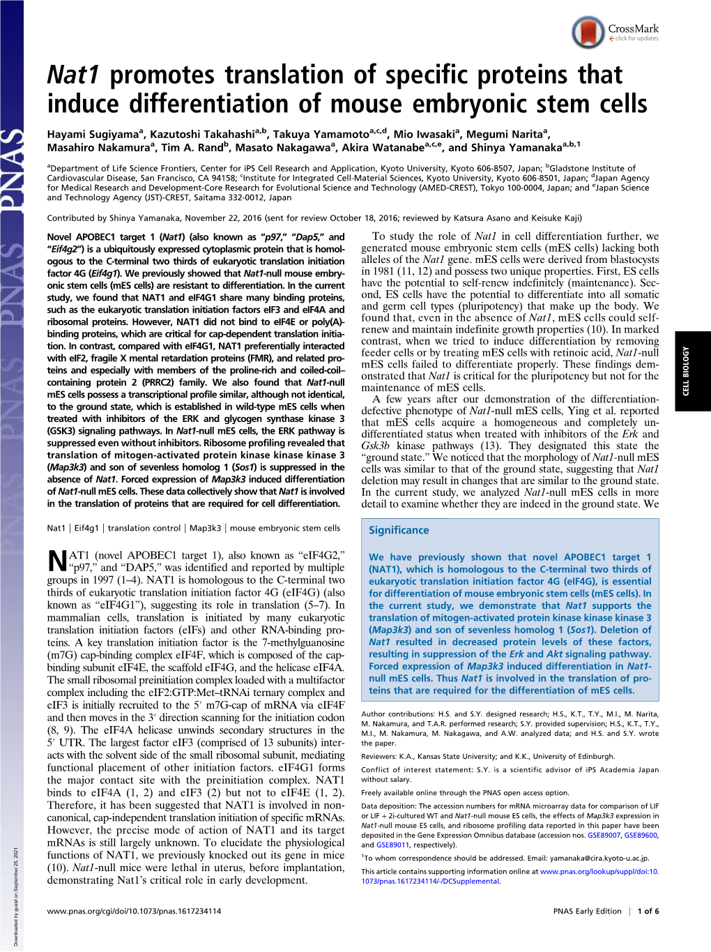 Nat1 Promotes Translation of Specific Proteins That Induce Differentiation of Mouse Embryonic Stem Cells