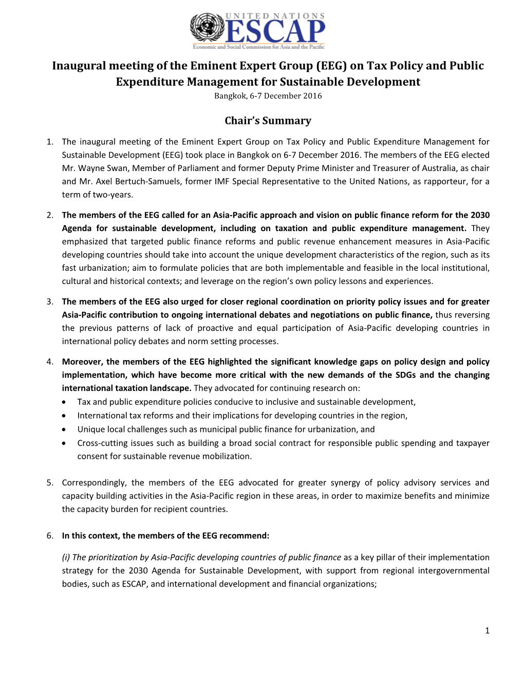 Inaugural Meeting of the Eminent Expert Group (EEG) on Tax Policy and Public Expenditure Management for Sustainable Development Bangkok, 6-7 December 2016