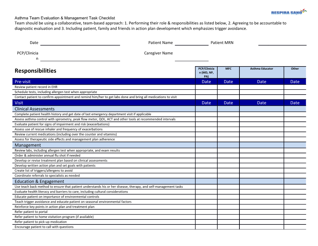 Asthma Team Evaluation & Management Task Checklist