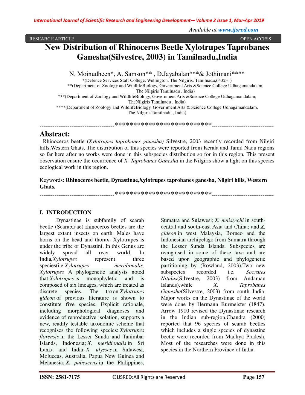 New Distribution of Rhinoceros Beetle Xylotrupes Taprobanes Ganesha(Silvestre, 2003) in Tamilnadu,India
