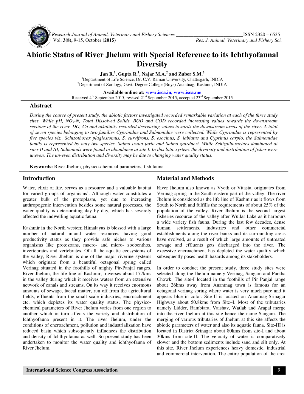 Abiotic Status of River Jhelum with Special Reference to Its Ichthyofaunal Diversity