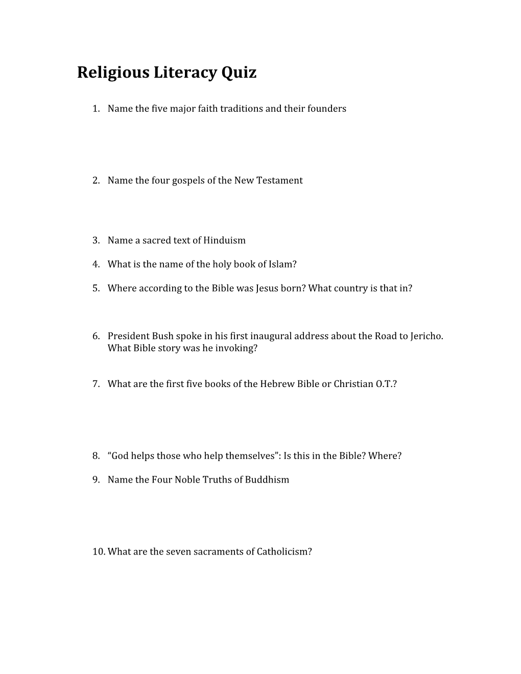 Religious Literacy Quiz/Answers