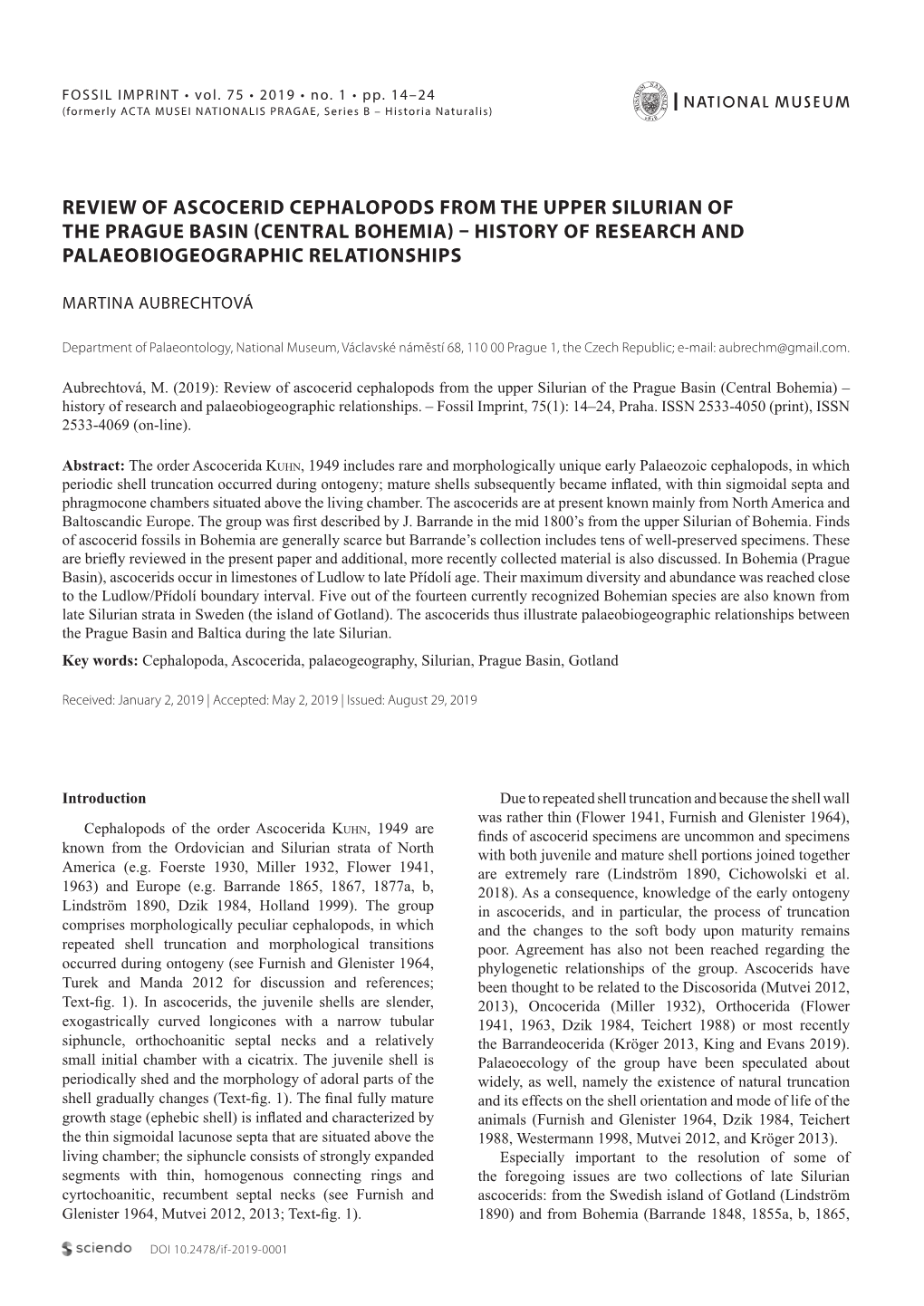 Review of Ascocerid Cephalopods from the Upper Silurian of the Prague Basin (Central Bohemia) – History of Research and Palaeobiogeographic Relationships