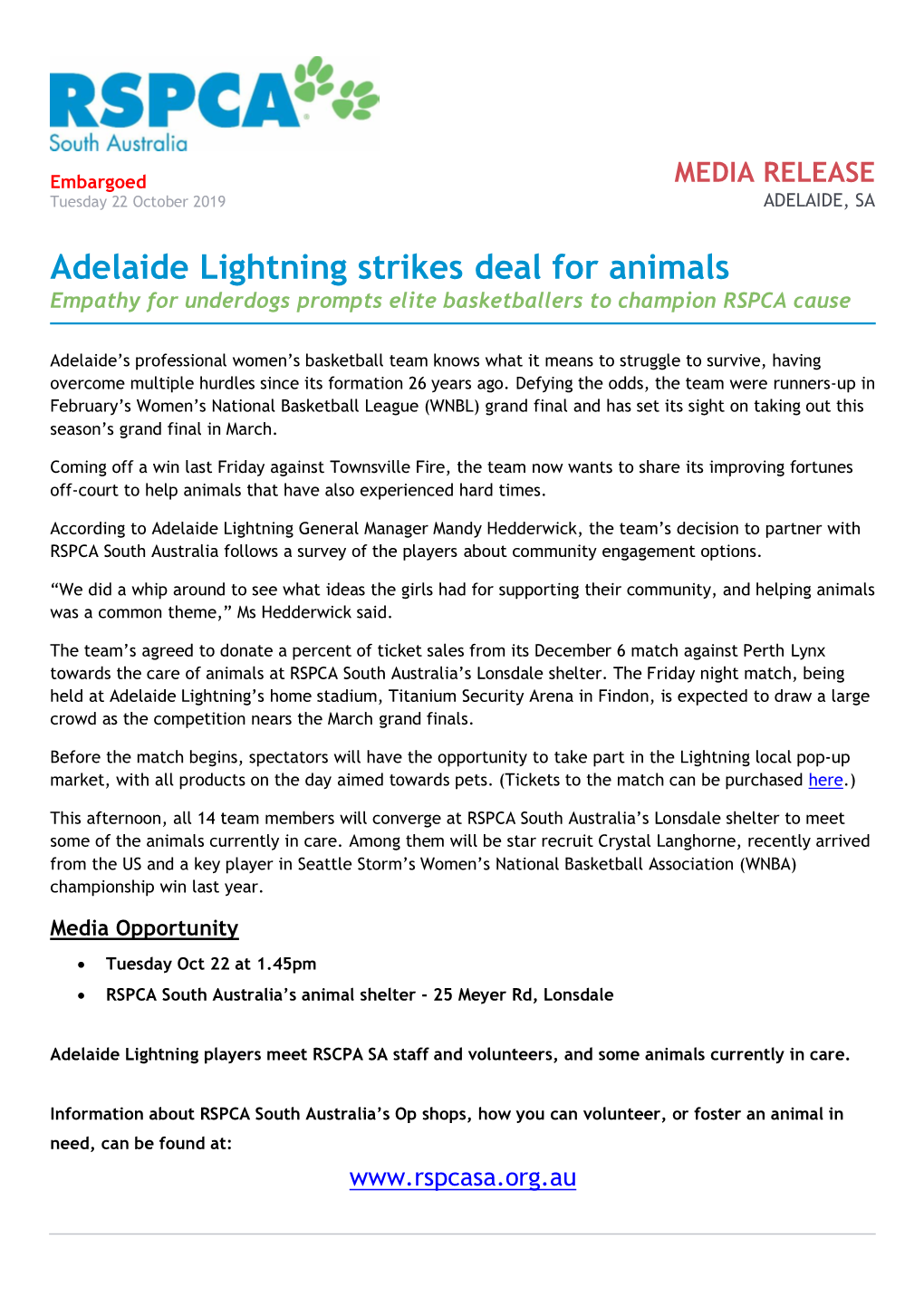 Adelaide Lightning Strikes Deal for Animals Empathy for Underdogs Prompts Elite Basketballers to Champion RSPCA Cause