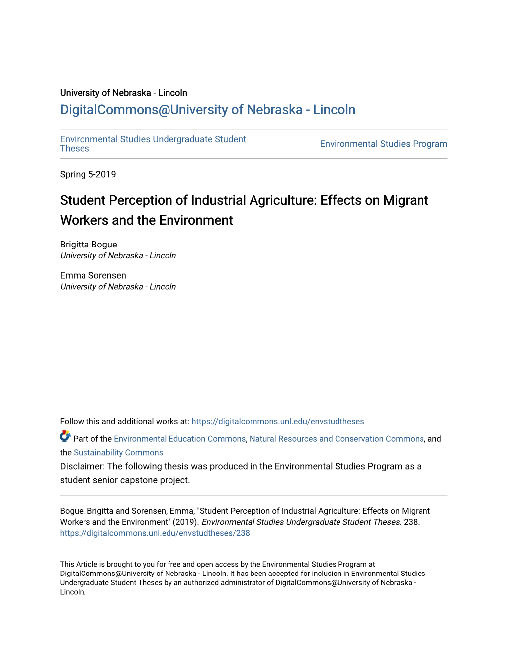 Student Perception of Industrial Agriculture: Effects on Migrant Workers and the Environment