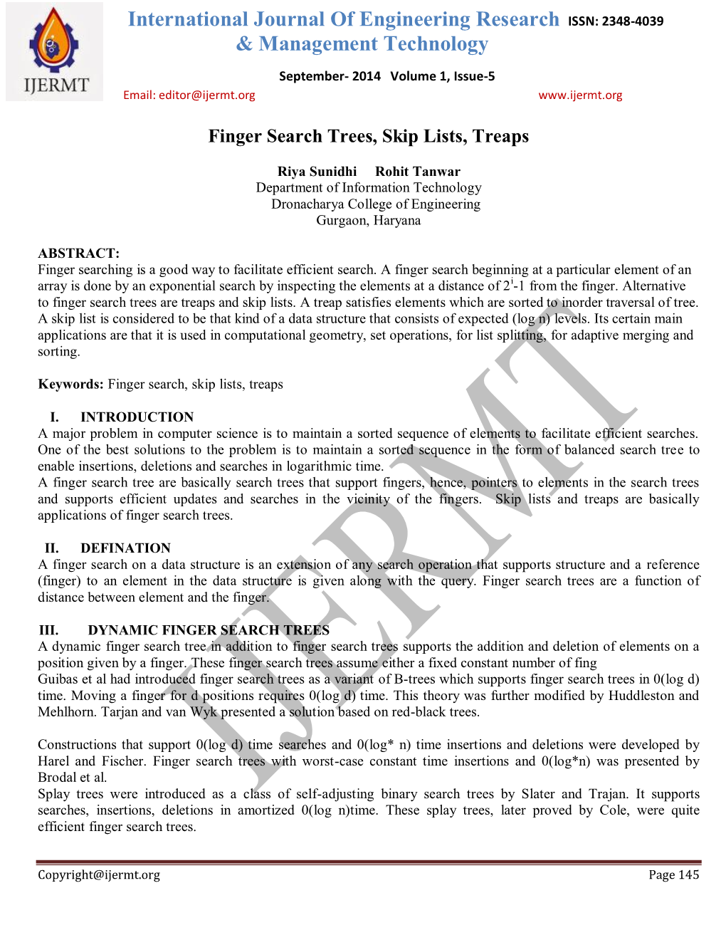 Finger Search Trees, Skip Lists, Treaps