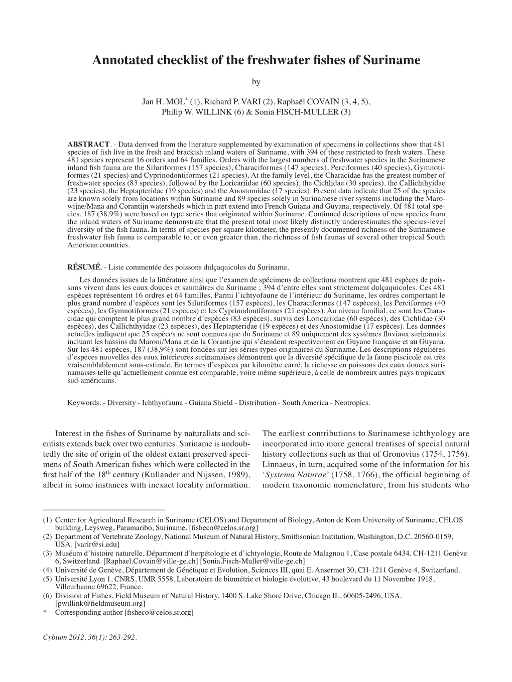 Annotated Checklist of the Freshwater Fishes of Suriname