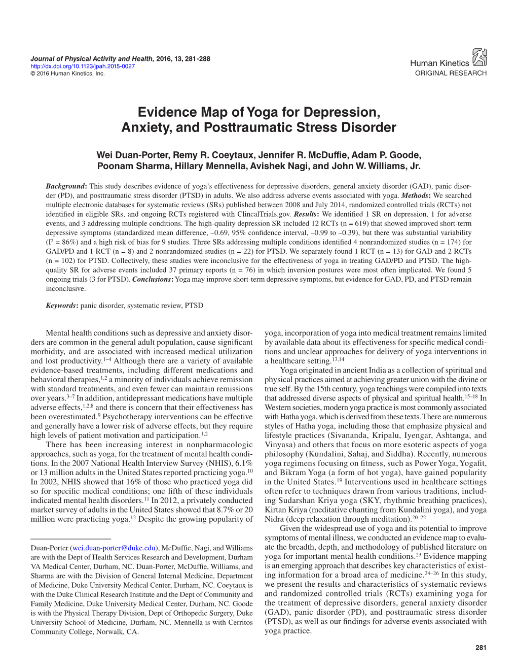 Evidence Map of Yoga for Depression, Anxiety, and Posttraumatic Stress Disorder