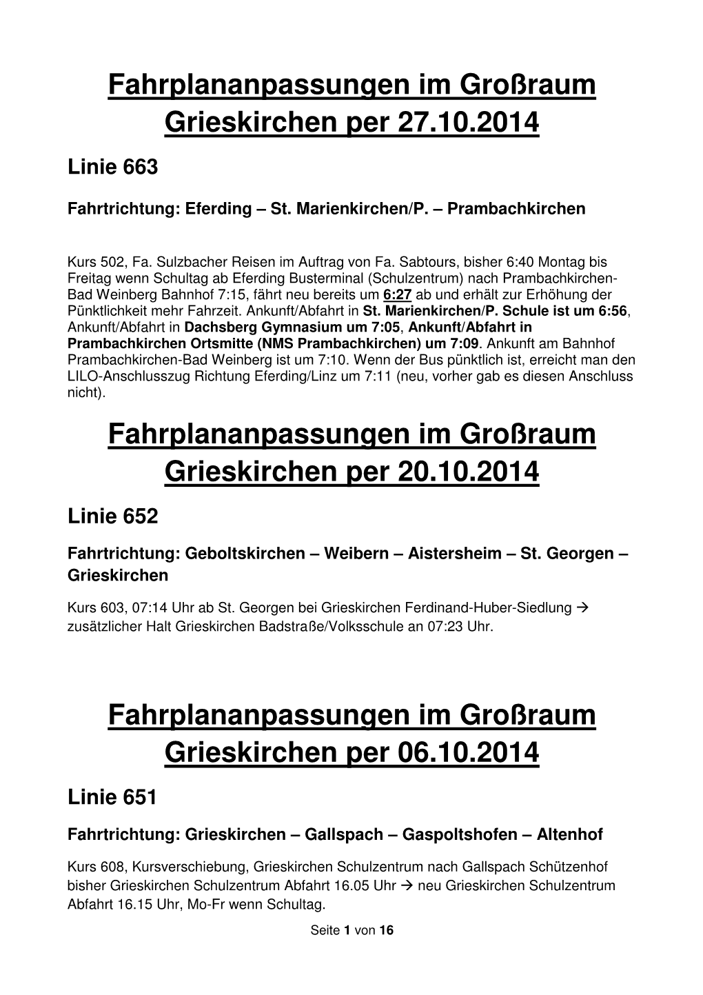 Fahrplananpassungen Im Großraum Grieskirchen Per 20.10.2014 Linie 652