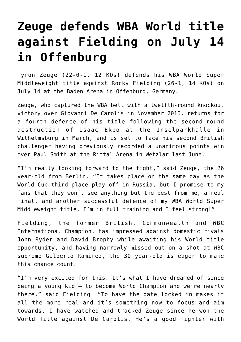 Zeuge Defends WBA World Title Against Fielding on July 14 in Offenburg