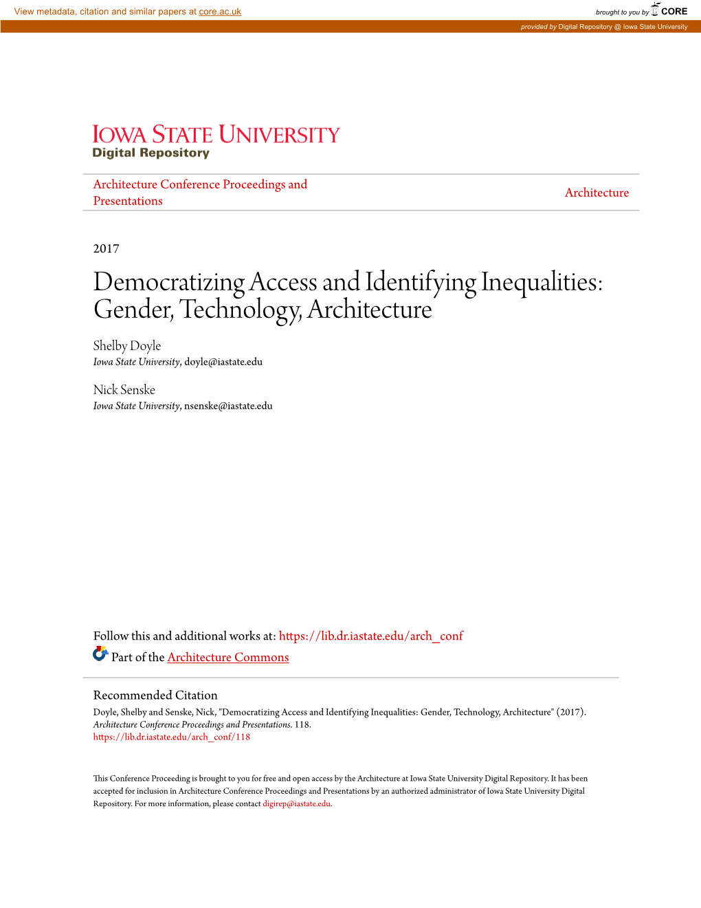 Gender, Technology, Architecture Shelby Doyle Iowa State University, Doyle@Iastate.Edu